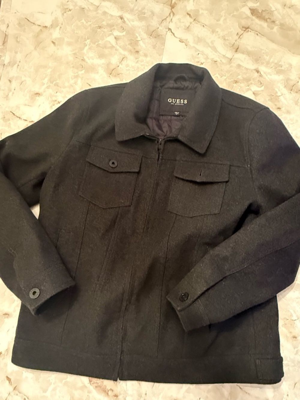 GUESS Black Men's Pea Coat with Chest Flap Pockets